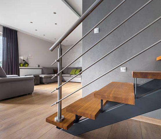 New design light open living room with balcony and wooden staircase